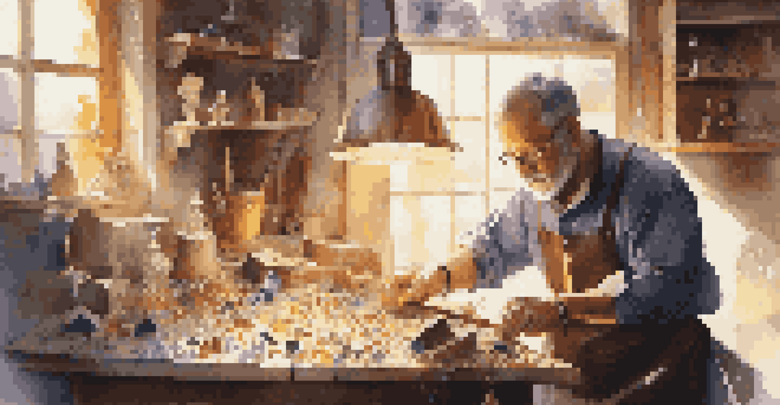 An artisan jeweler designing jewelry in a workshop, with tools and gemstones around, illuminated by sunlight.
