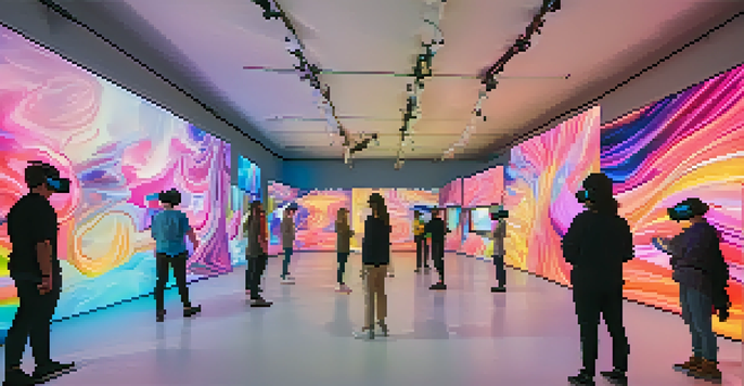 A colorful virtual reality art gallery with abstract sculptures and viewers wearing VR headsets.