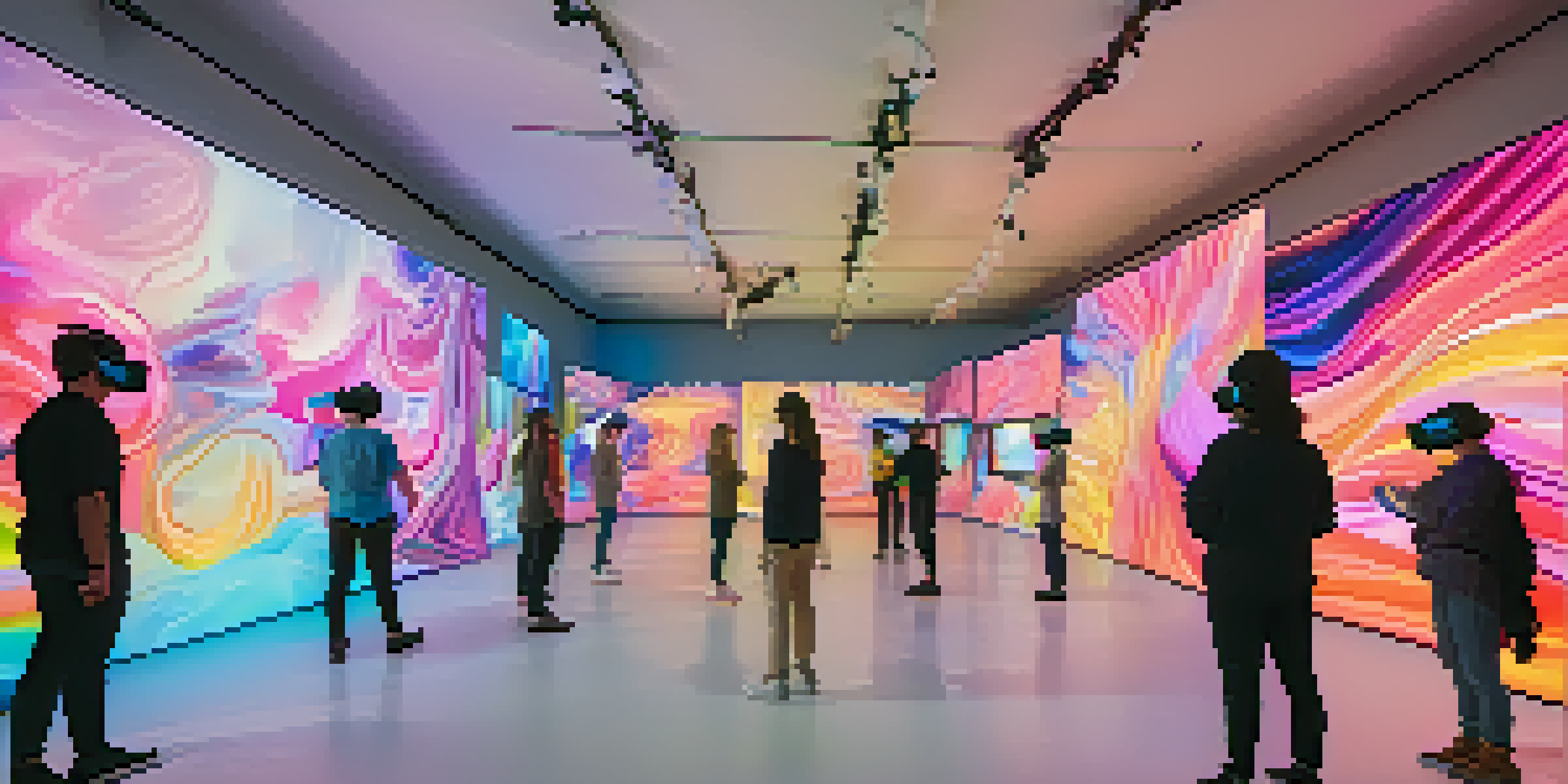 A colorful virtual reality art gallery with abstract sculptures and viewers wearing VR headsets.