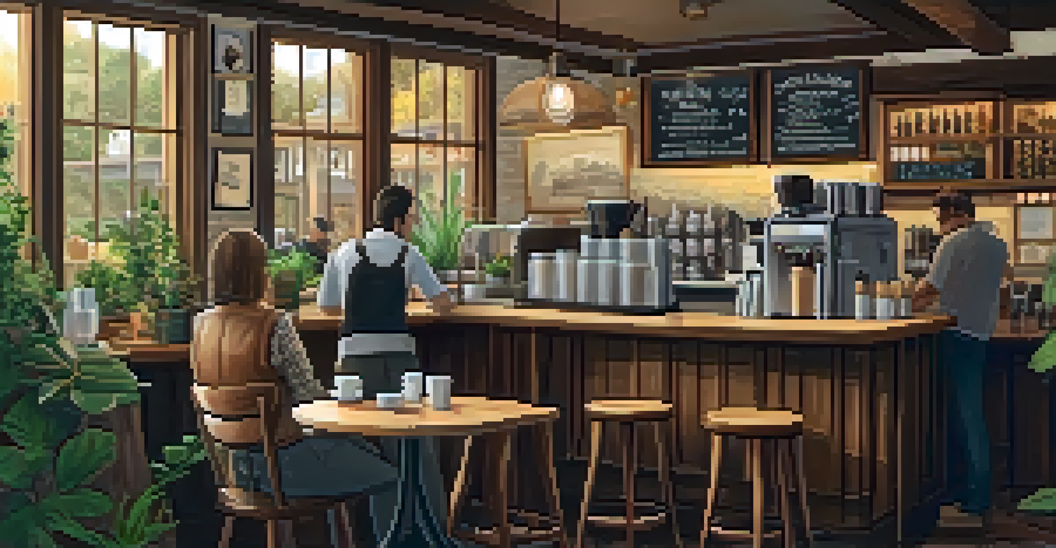 A warm and inviting coffee shop interior with wooden furniture and a barista preparing coffee.