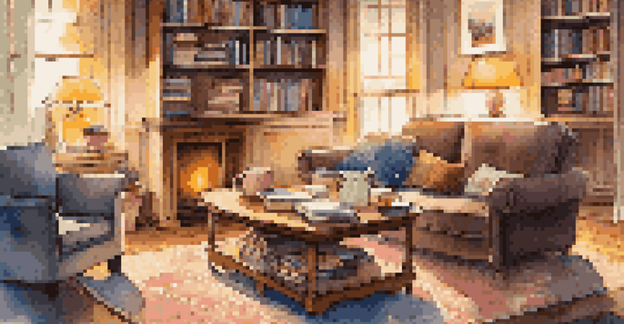 A warm and inviting living room with a wooden coffee table, an open puzzle box, and a colorful jigsaw puzzle in progress, illuminated by soft lamp light.