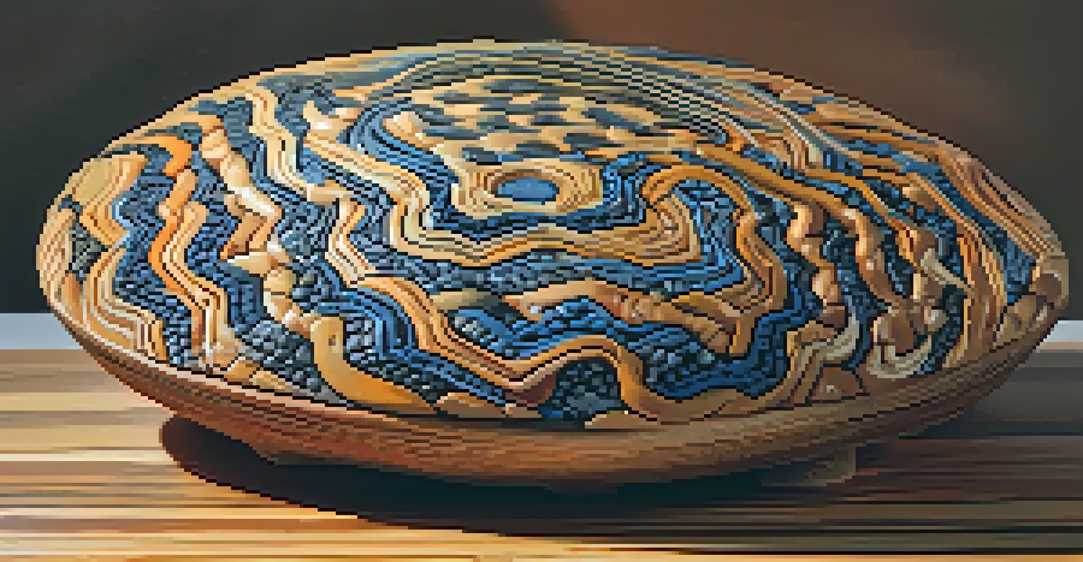A close-up of a detailed clay sculpture on a wooden base, highlighted by warm lighting to enhance its textures.