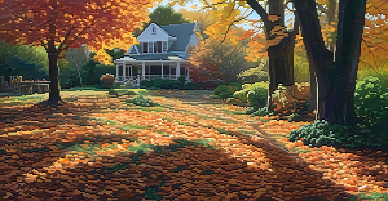 A peaceful garden in autumn with colorful leaves, vegetables growing in the soil, and sunlight shining through the trees.