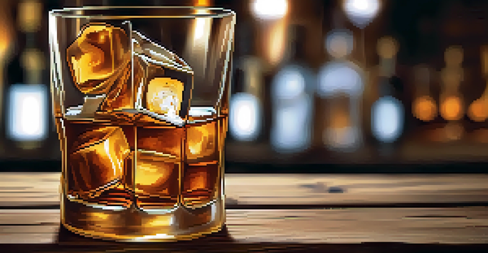 A close-up of a whiskey glass filled with amber liquid and ice cubes on a wooden table in a cozy bar setting.