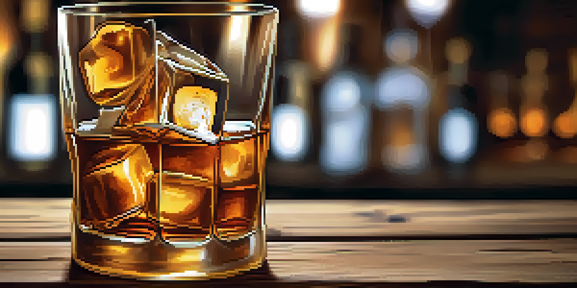 A close-up of a whiskey glass filled with amber liquid and ice cubes on a wooden table in a cozy bar setting.