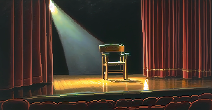 A dimly lit theater stage featuring a spotlight on a vintage wooden chair, with a dark curtain in the background and polished wooden floor.