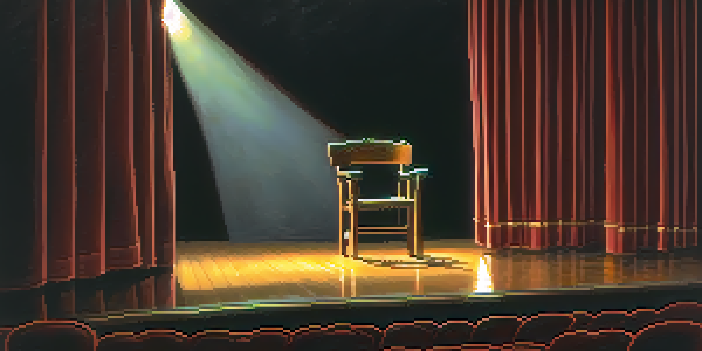 A dimly lit theater stage featuring a spotlight on a vintage wooden chair, with a dark curtain in the background and polished wooden floor.