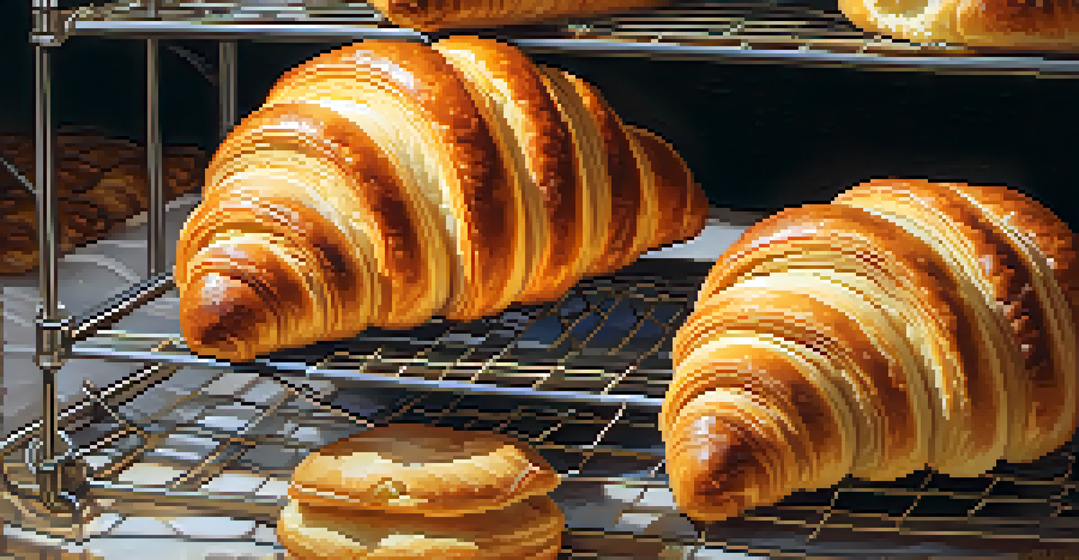 Freshly baked pastries cooling on a wire rack, including croissants and puff pastries with steam rising.