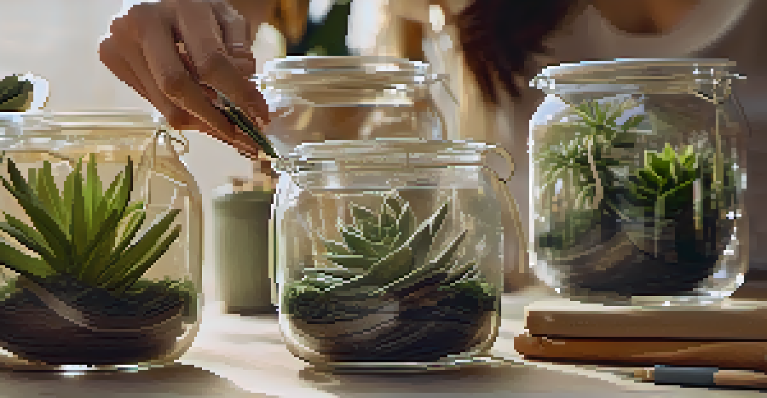 Close-up of hands crafting glass jars into candle holders, decorated with twine and plants, with warm lighting highlighting the details.