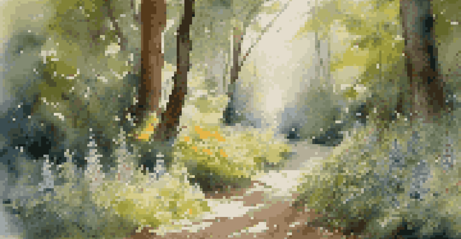 A peaceful forest path lined with wildflowers and sunlight filtering through the trees.