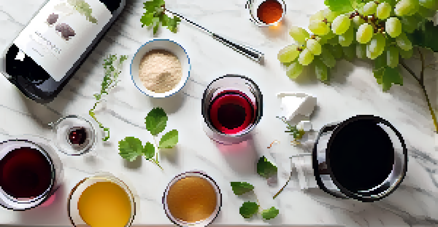An organized wine brewing kit on a countertop, featuring grape juice and fermentation equipment with a vibrant color contrast.