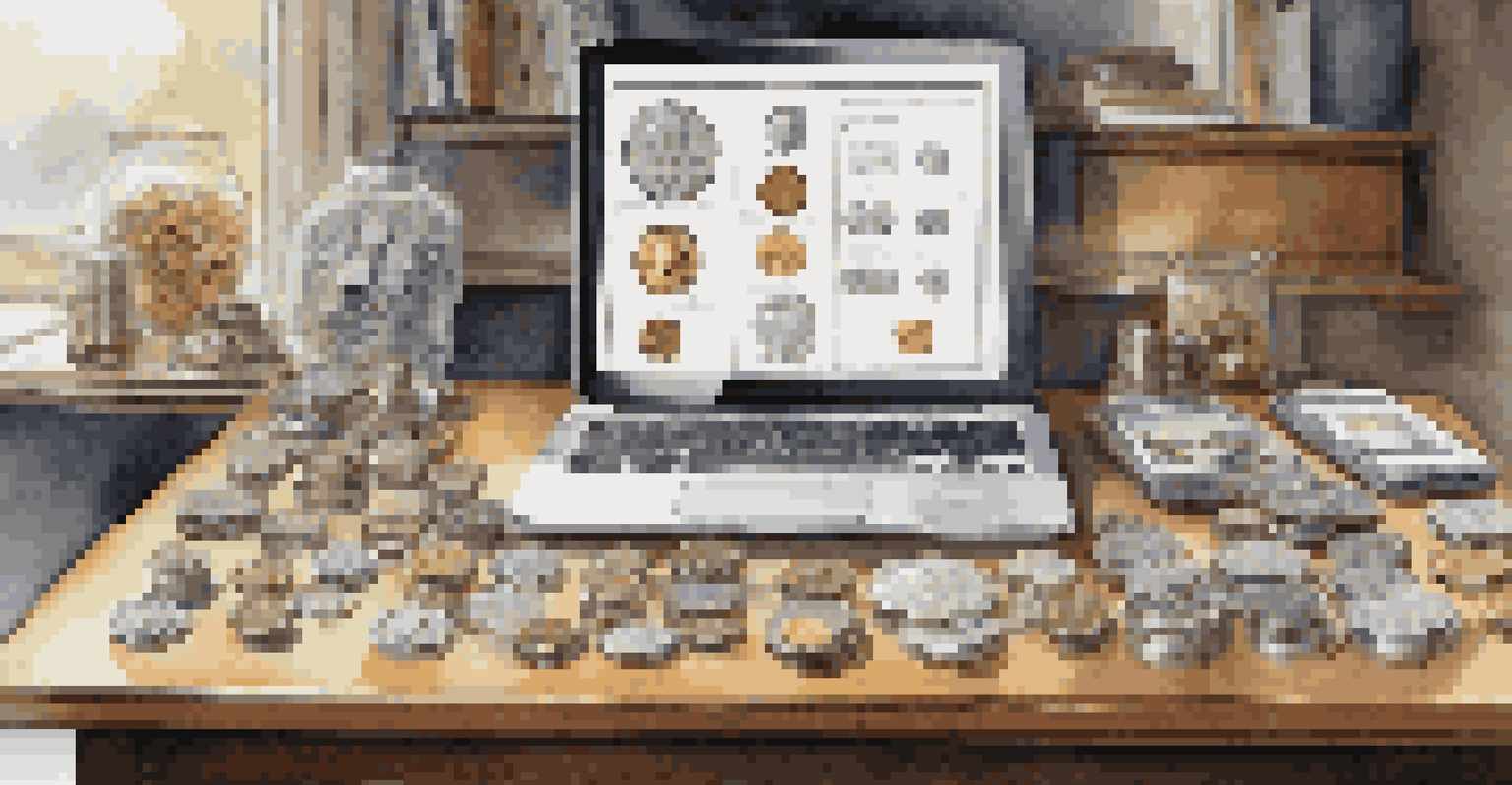 A modern desk with a tablet showing a coin catalog and rare coins, highlighting the blend of technology and coin collecting.