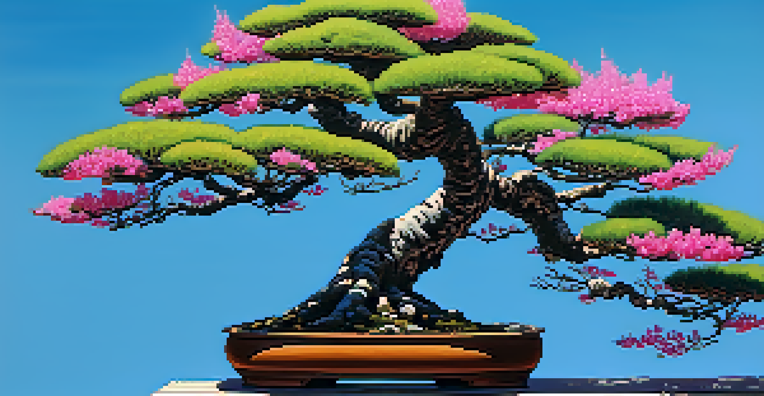 A flowering bonsai with pink blossoms in front of green evergreen trees and a blue sky.
