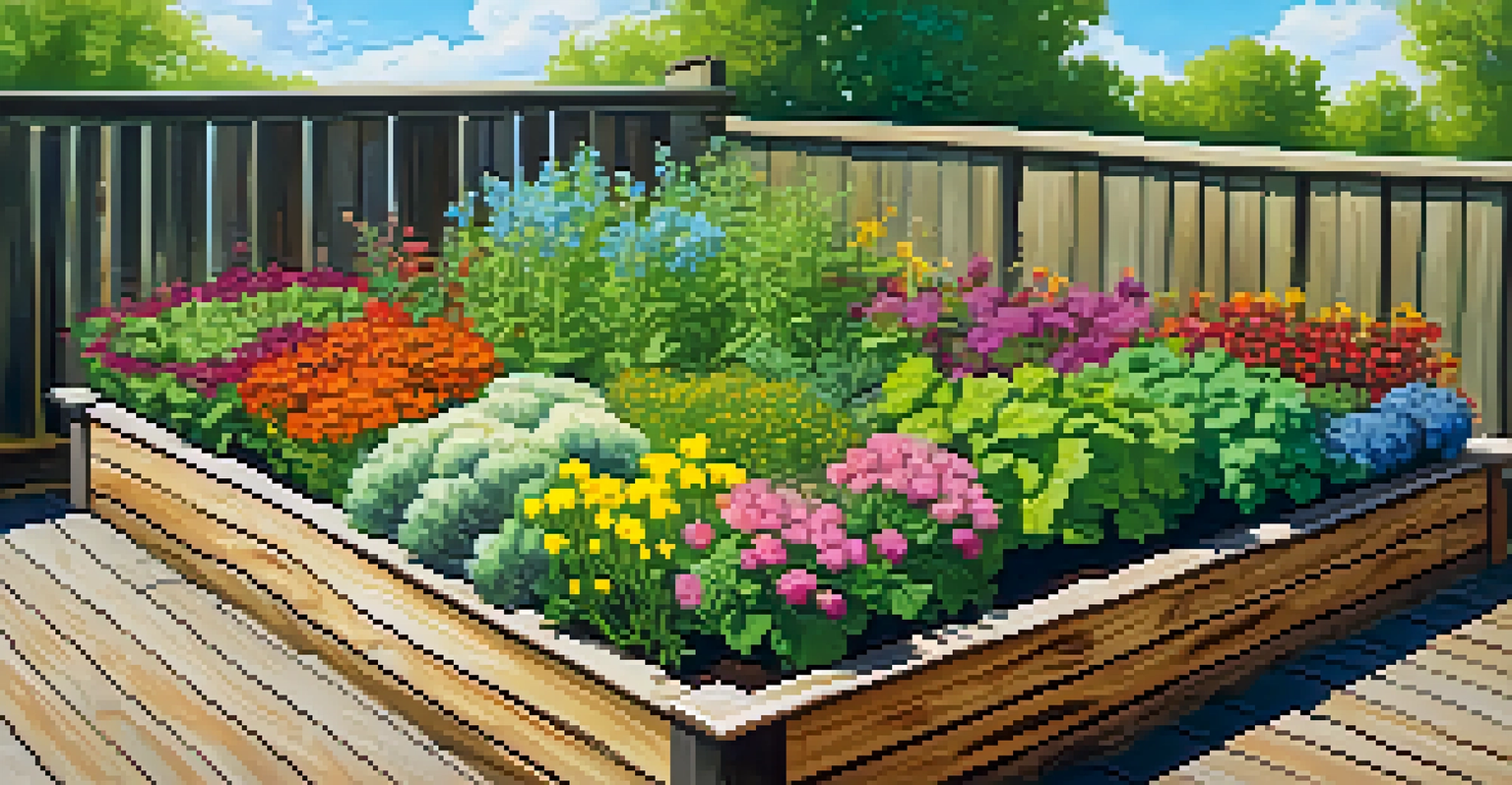 A tiered raised garden bed displaying a mix of flowers and vegetables against a clear blue sky.