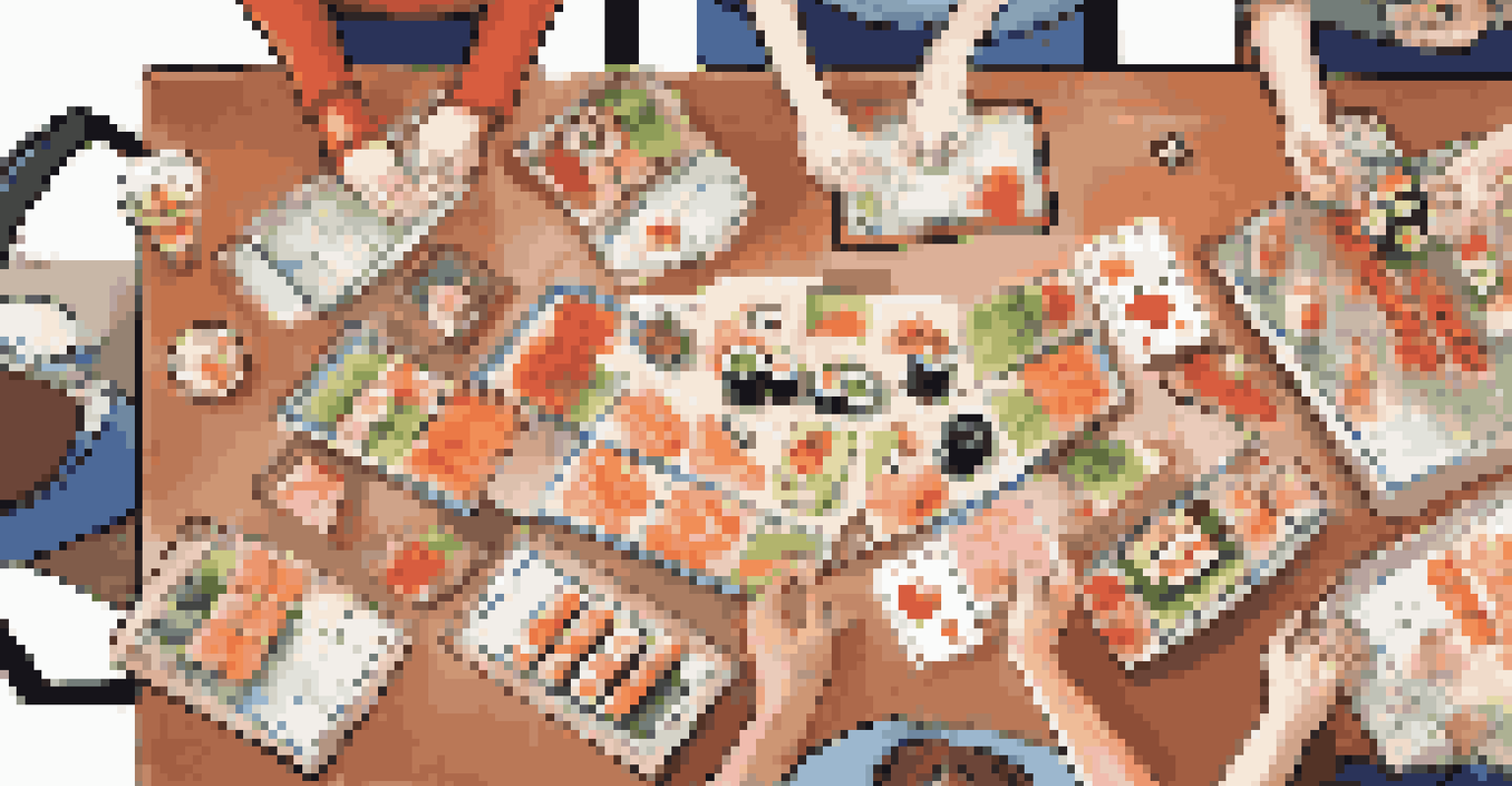 An overhead view of a colorful sushi-themed card game being played, with players showing excitement and concentration.