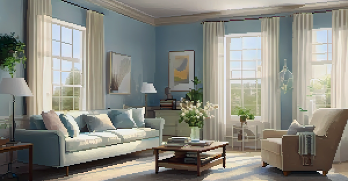 A cozy living room with pastel blue walls and natural light coming through sheer curtains.