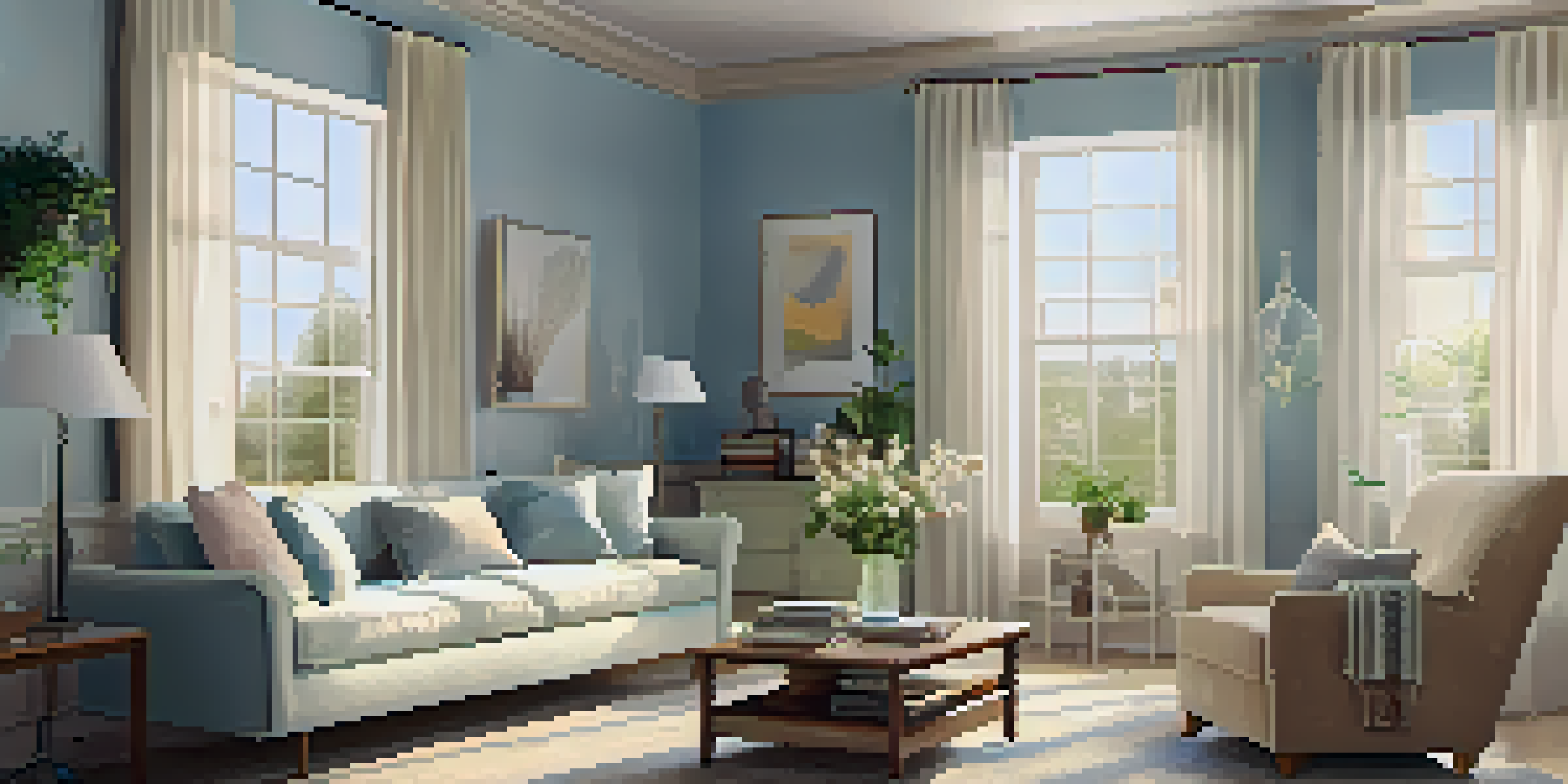 A cozy living room with pastel blue walls and natural light coming through sheer curtains.