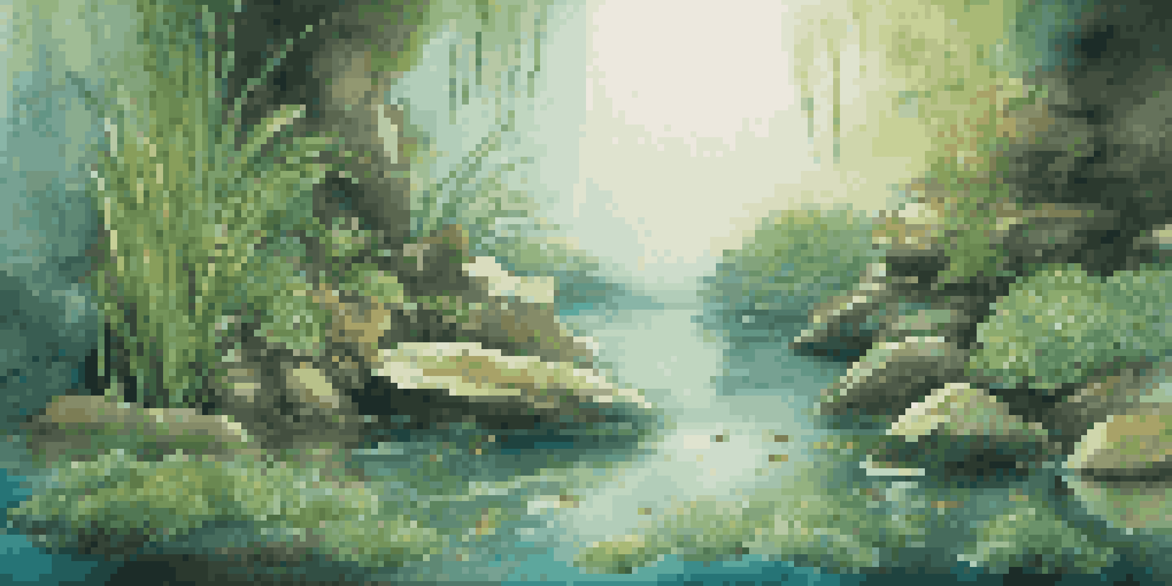 An underwater landscape with vibrant green plants, rocks, and small fish, illuminated by soft sunlight, creating a peaceful and harmonious atmosphere.