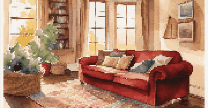 A warm and inviting living room with a red sofa, knit blanket, and sunlight streaming through a large window.