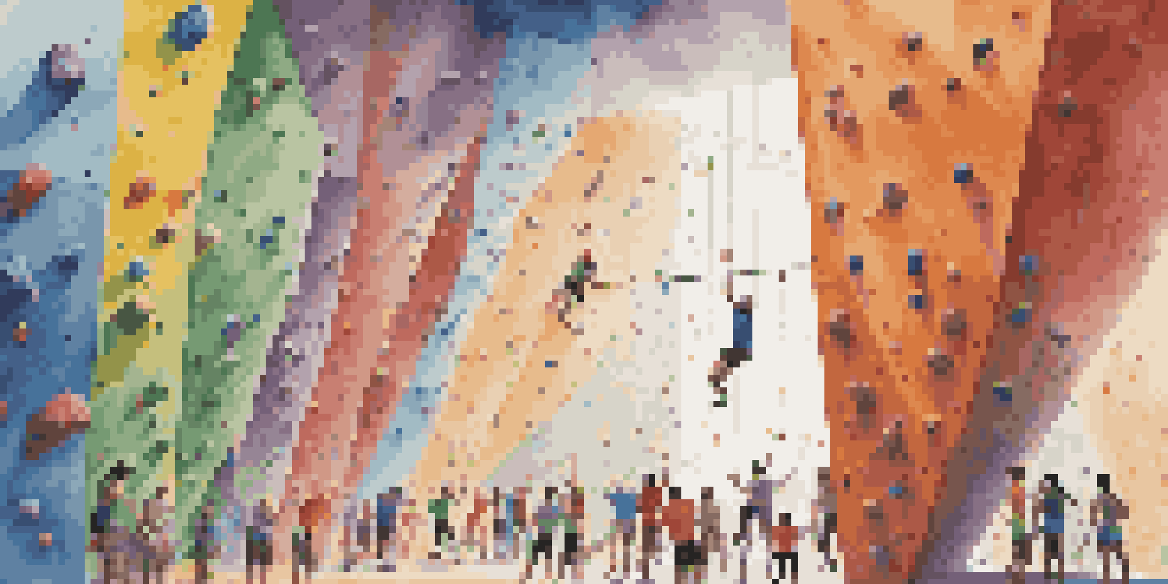 A bustling indoor climbing gym showcasing climbers of different ethnicities, climbing on a colorful wall, with supportive friends cheering them on.