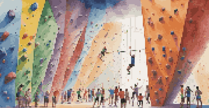 A bustling indoor climbing gym showcasing climbers of different ethnicities, climbing on a colorful wall, with supportive friends cheering them on.