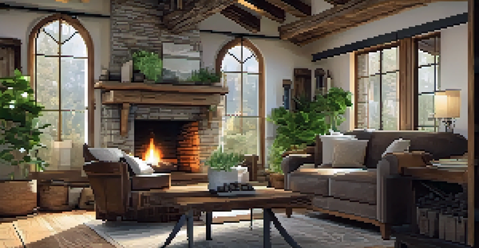 A rustic living room with reclaimed wood furniture, a fireplace, and natural lighting from a large window.