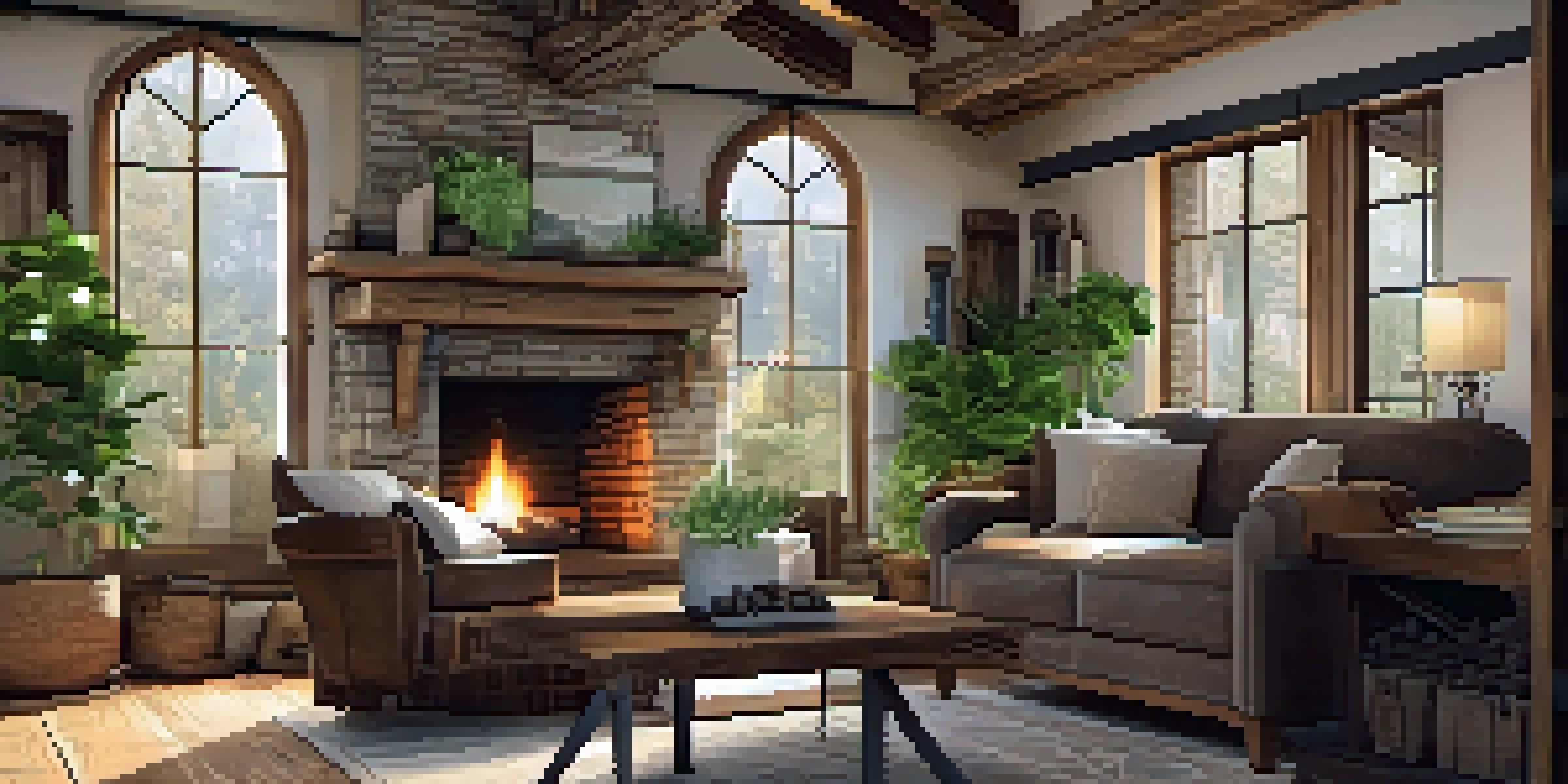A rustic living room with reclaimed wood furniture, a fireplace, and natural lighting from a large window.