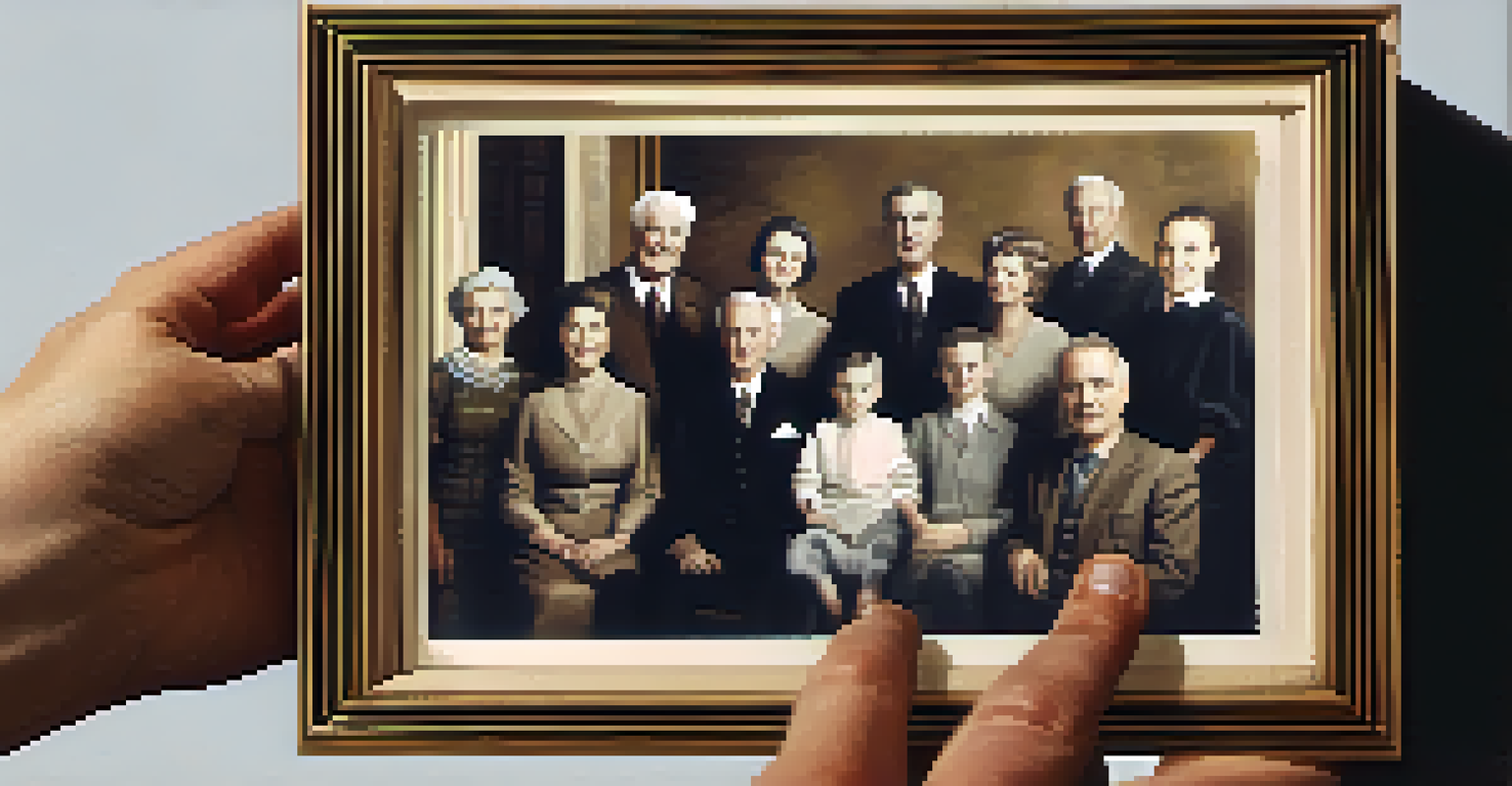 Close-up of hands holding a vintage family photograph with a blurred computer screen in the background showing genealogy resources.