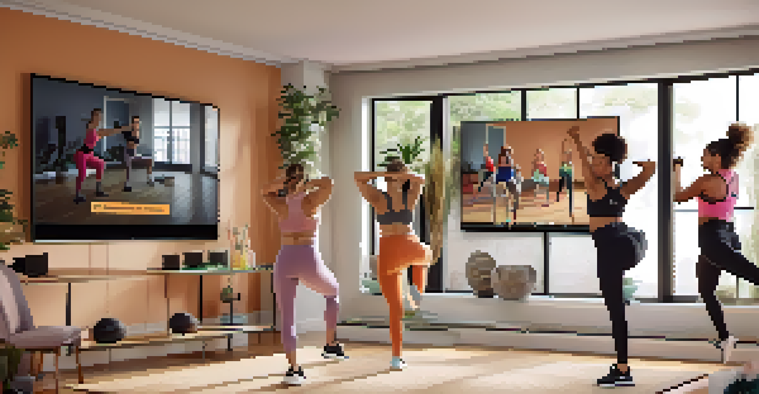 A lively virtual fitness class on a screen in a cozy living room with exercise equipment.