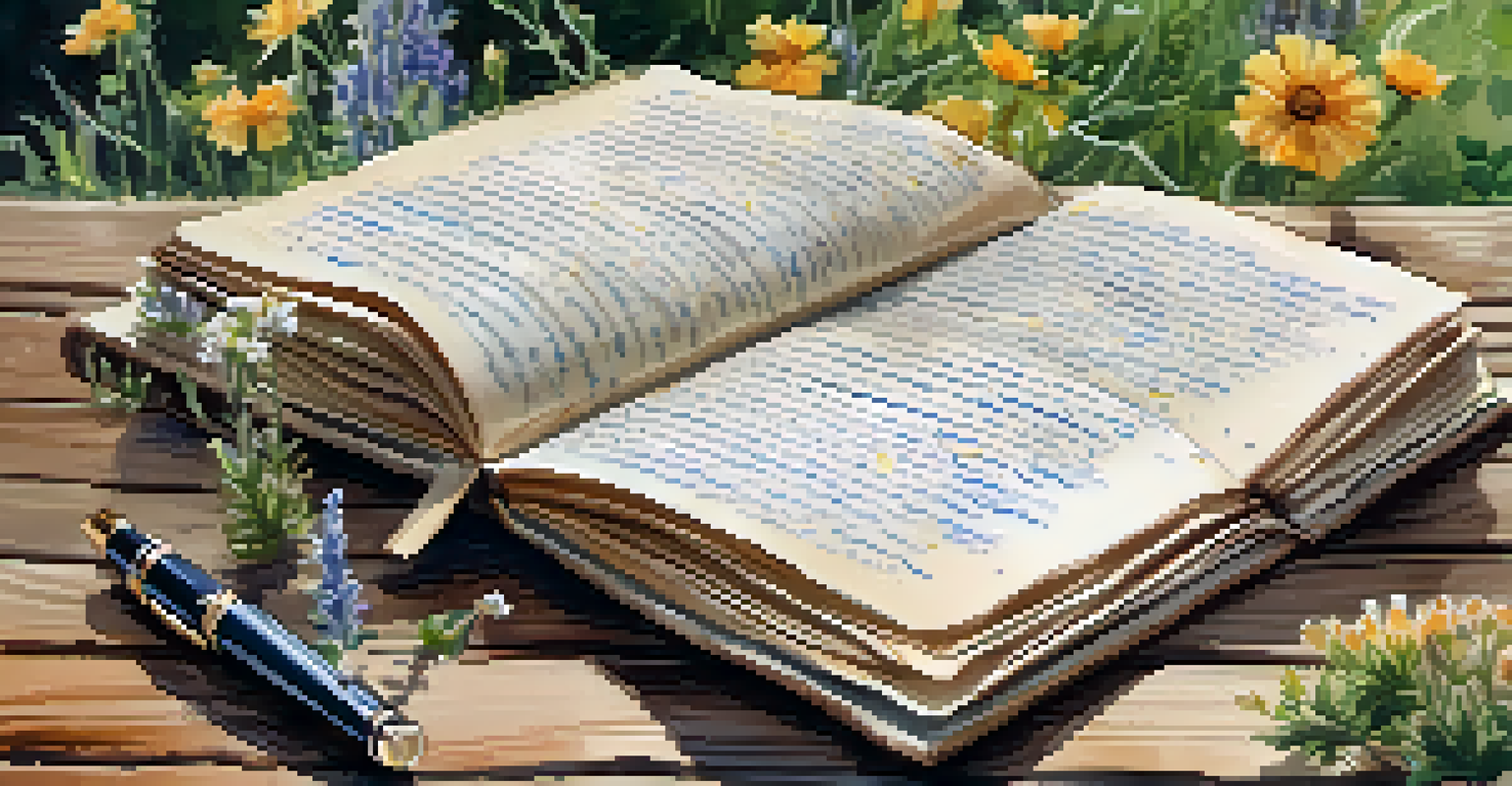 A journal with handwritten poetry on a wooden table, surrounded by wildflowers and a fountain pen.