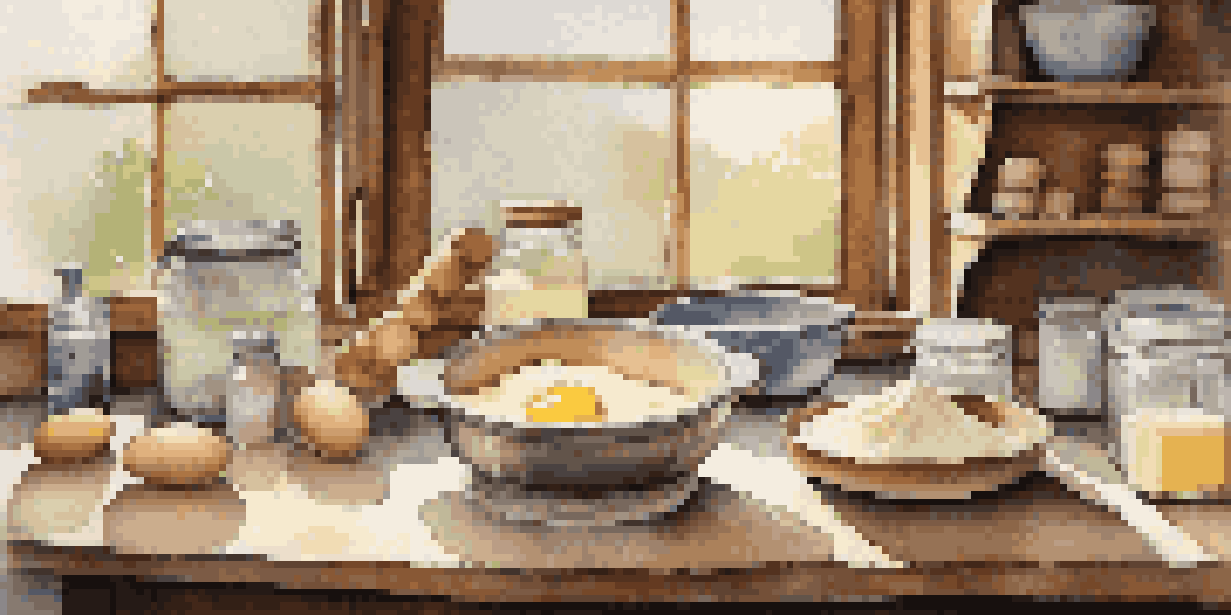 A baking station with flour, butter, sugar, and eggs arranged on a wooden surface, illuminated by soft natural light.