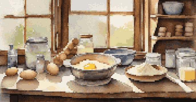 A baking station with flour, butter, sugar, and eggs arranged on a wooden surface, illuminated by soft natural light.