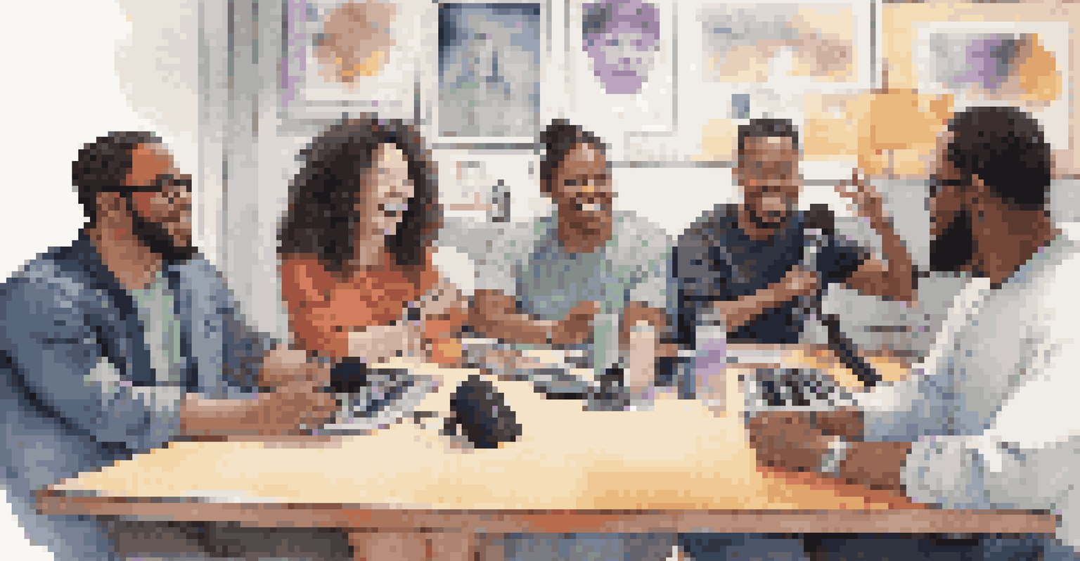 A diverse group of people having an engaging discussion around a table with microphones and recording equipment in a modern, softly lit room.
