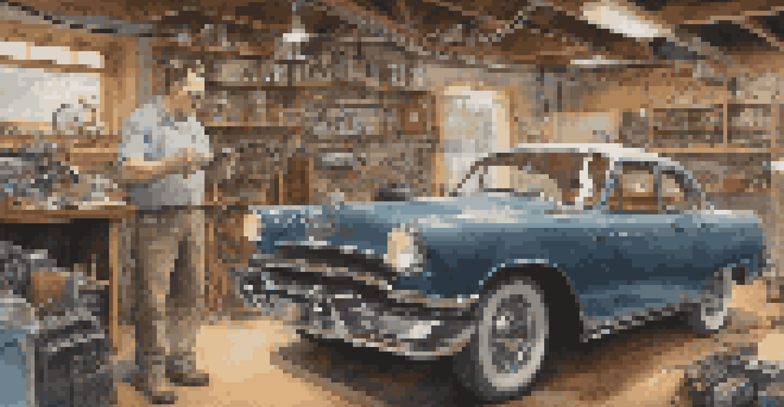 A mechanic testing a vintage car's electrical system with a multimeter in a cluttered garage filled with car memorabilia.
