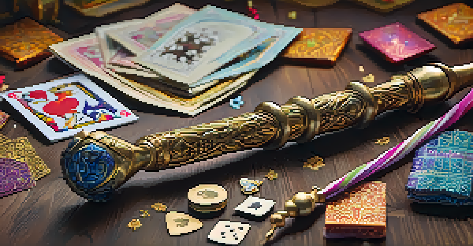 A close-up of a handmade magic wand with ornate designs, surrounded by colorful silk scarves and playing cards, illuminated by soft light.