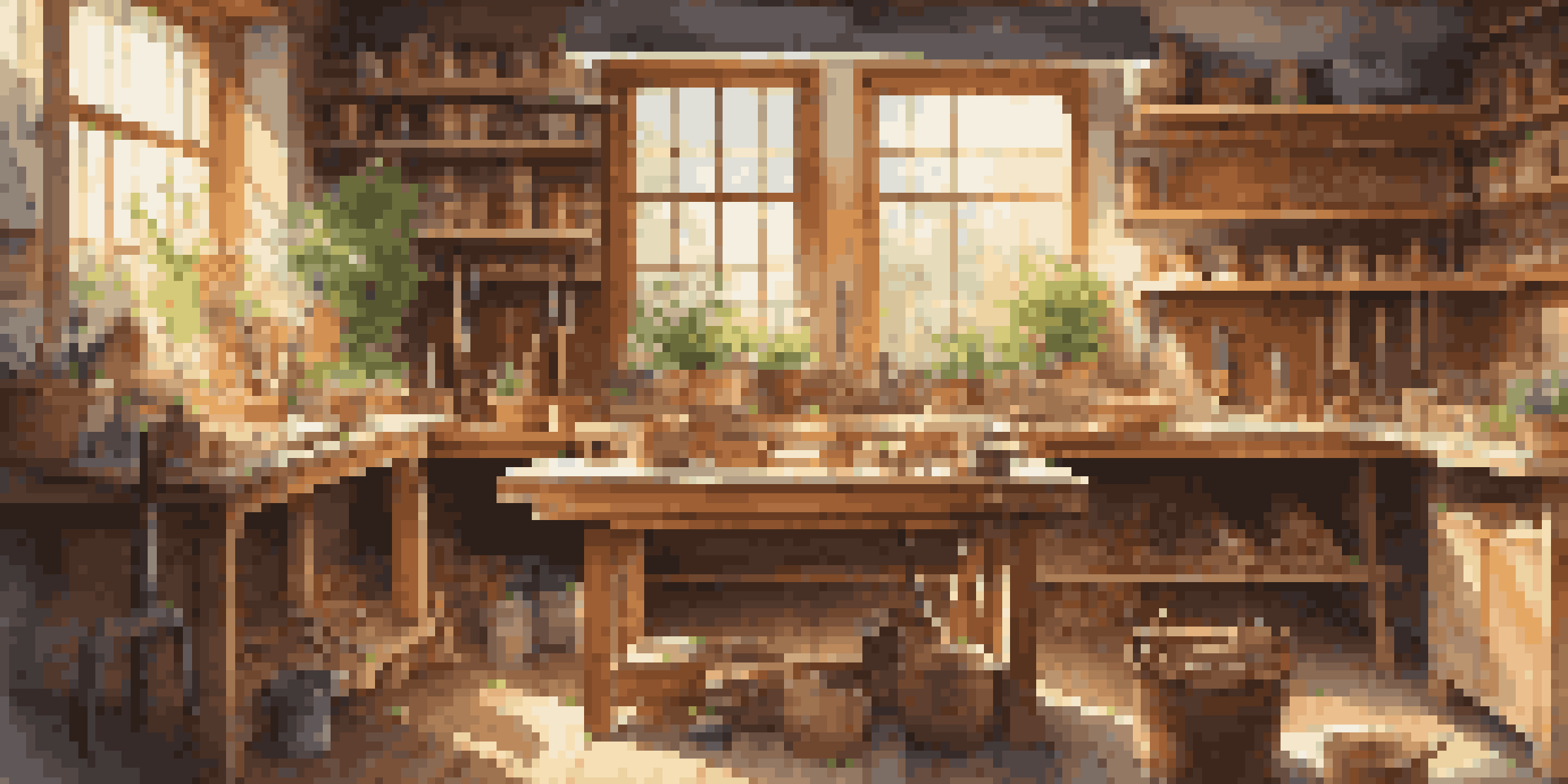 A woodworking workshop with tools, a workbench, and completed wooden crafts, illuminated by sunlight.