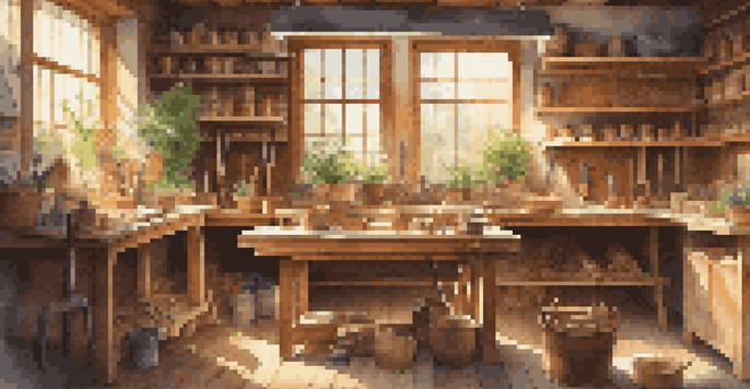 A woodworking workshop with tools, a workbench, and completed wooden crafts, illuminated by sunlight.