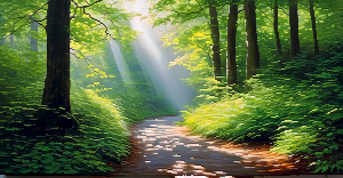A peaceful forest scene with a winding path, sunlight filtering through leaves, and mist on the ground.