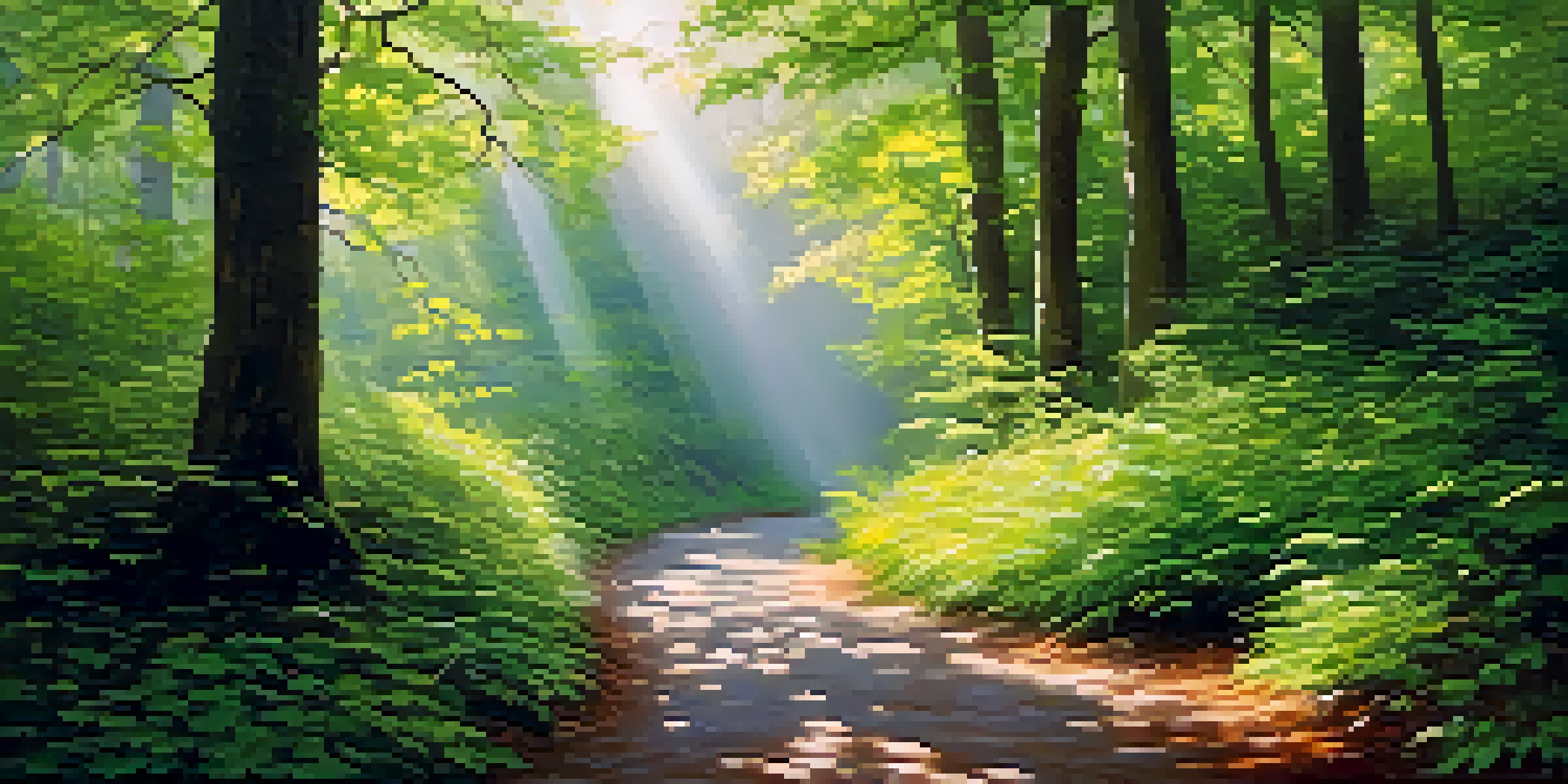 A peaceful forest scene with a winding path, sunlight filtering through leaves, and mist on the ground.