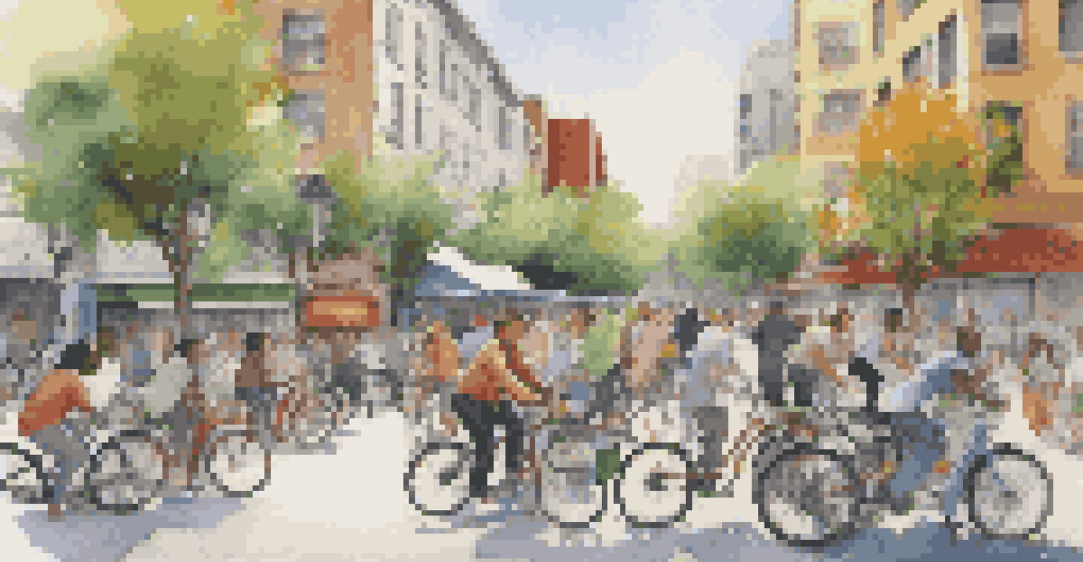 A lively urban street with a bike-sharing station and people using bicycles, surrounded by eco-friendly cafes and trees.