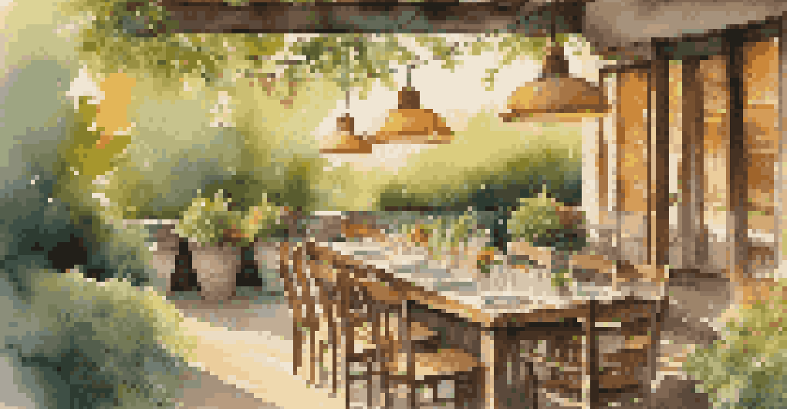 A charming outdoor dining area at a local restaurant, with a table full of traditional dishes and surrounding greenery.