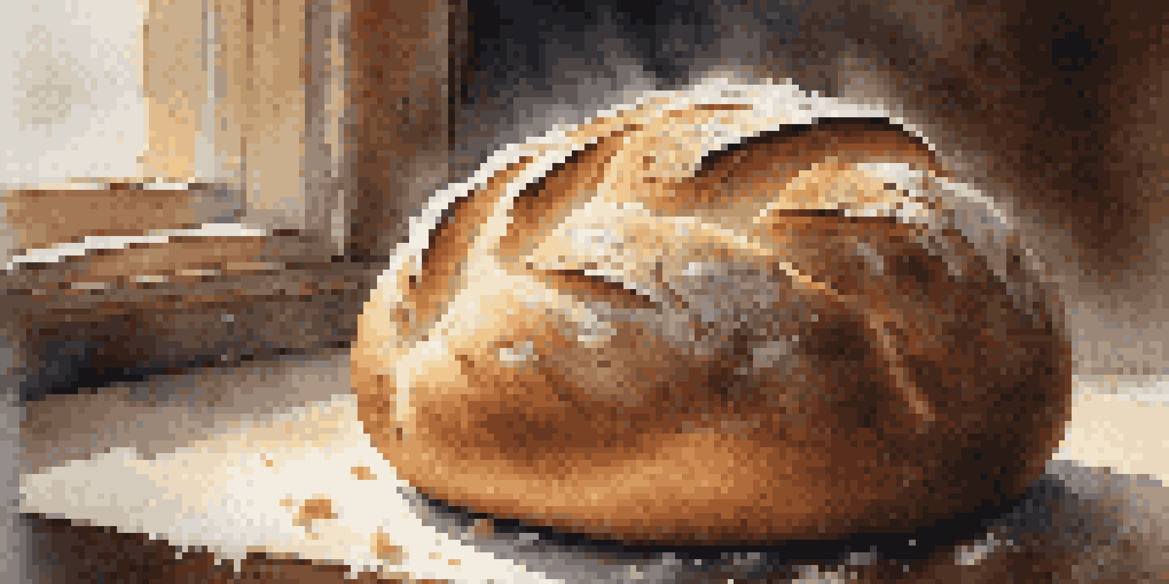 A freshly baked artisan bread loaf on a wooden cutting board, with flour scattered around and warm sunlight illuminating its crust.