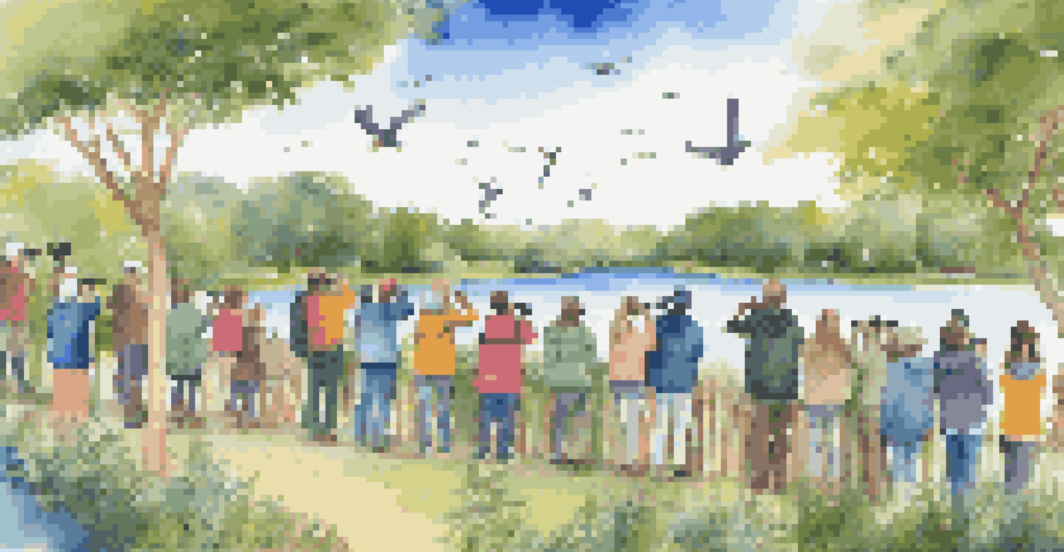A community birdwatching event with diverse participants using binoculars and listening to a guide, surrounded by nature.