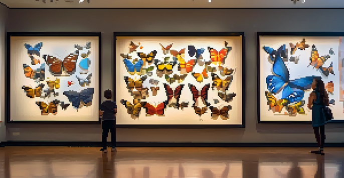 A gallery space with a large animated painting and animated butterflies, showcasing diverse viewers interacting with the art.