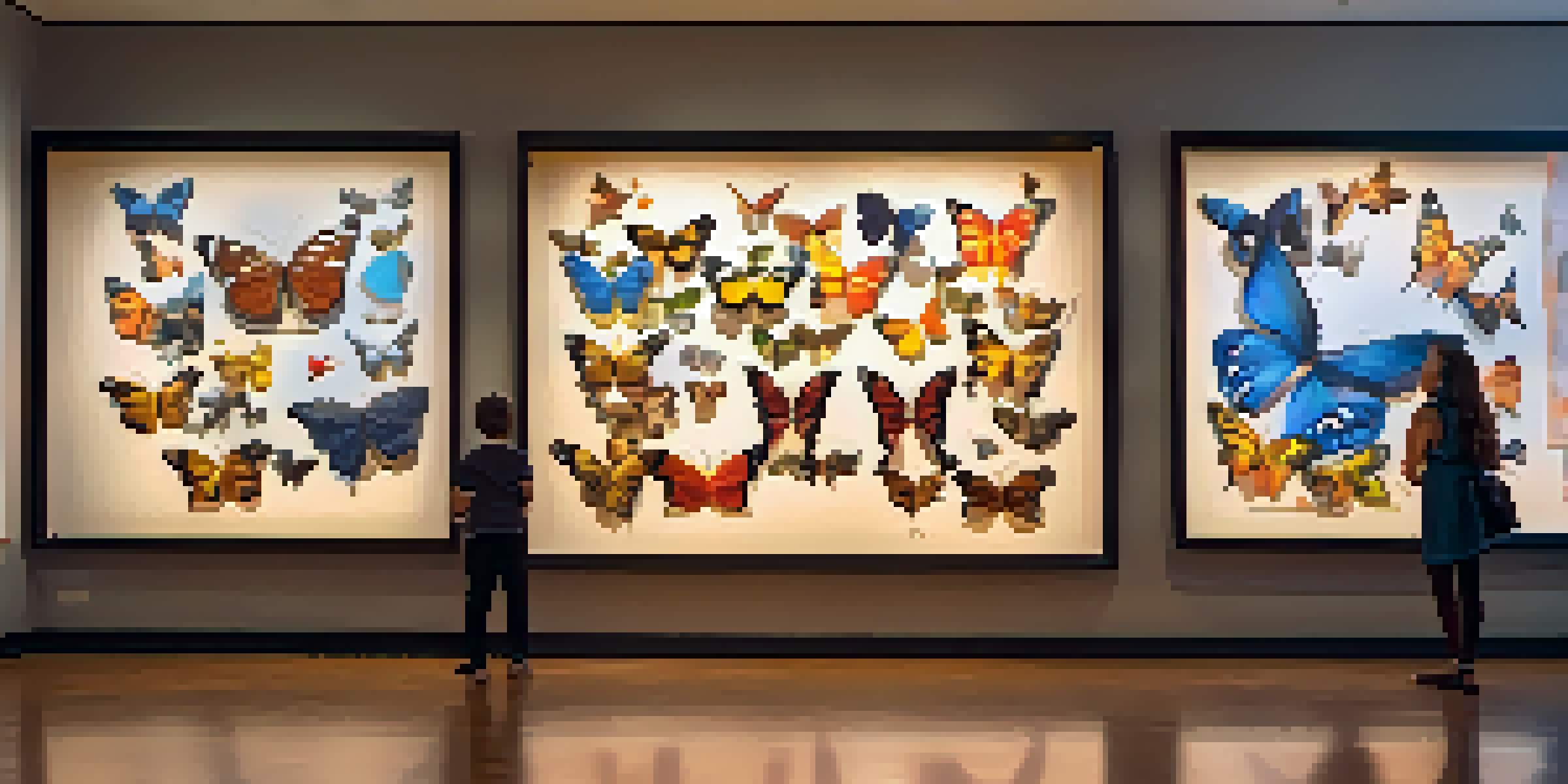 A gallery space with a large animated painting and animated butterflies, showcasing diverse viewers interacting with the art.