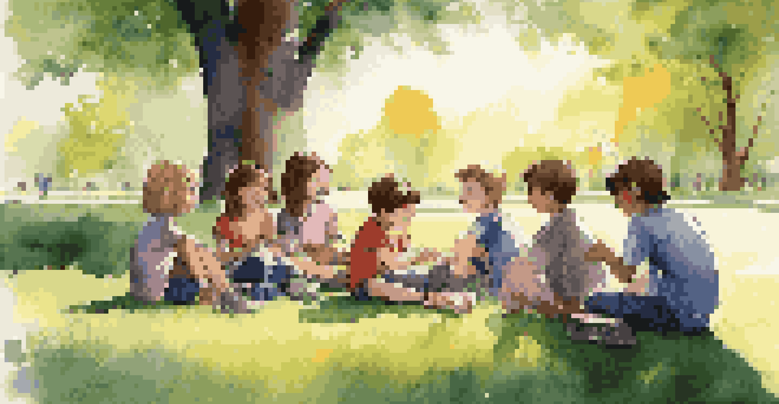Children discussing a multiplayer game while sitting on a grassy field.
