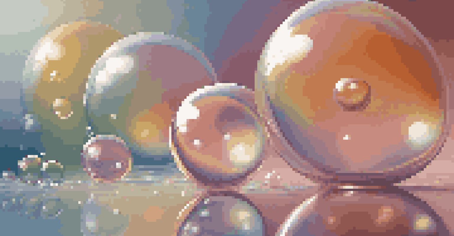 A collection of soap bubbles on a surface, displaying reflections and vibrant colors.