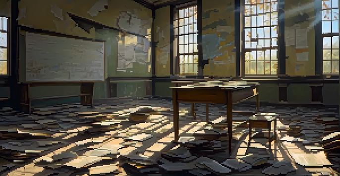 An abandoned classroom filled with decay, old textbooks, and sunlight filtering through broken windows, with vines creeping inside.