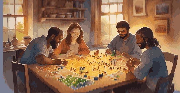 A group of friends playing the board game Catan around a table filled with game pieces and cards, illuminated by warm lighting.