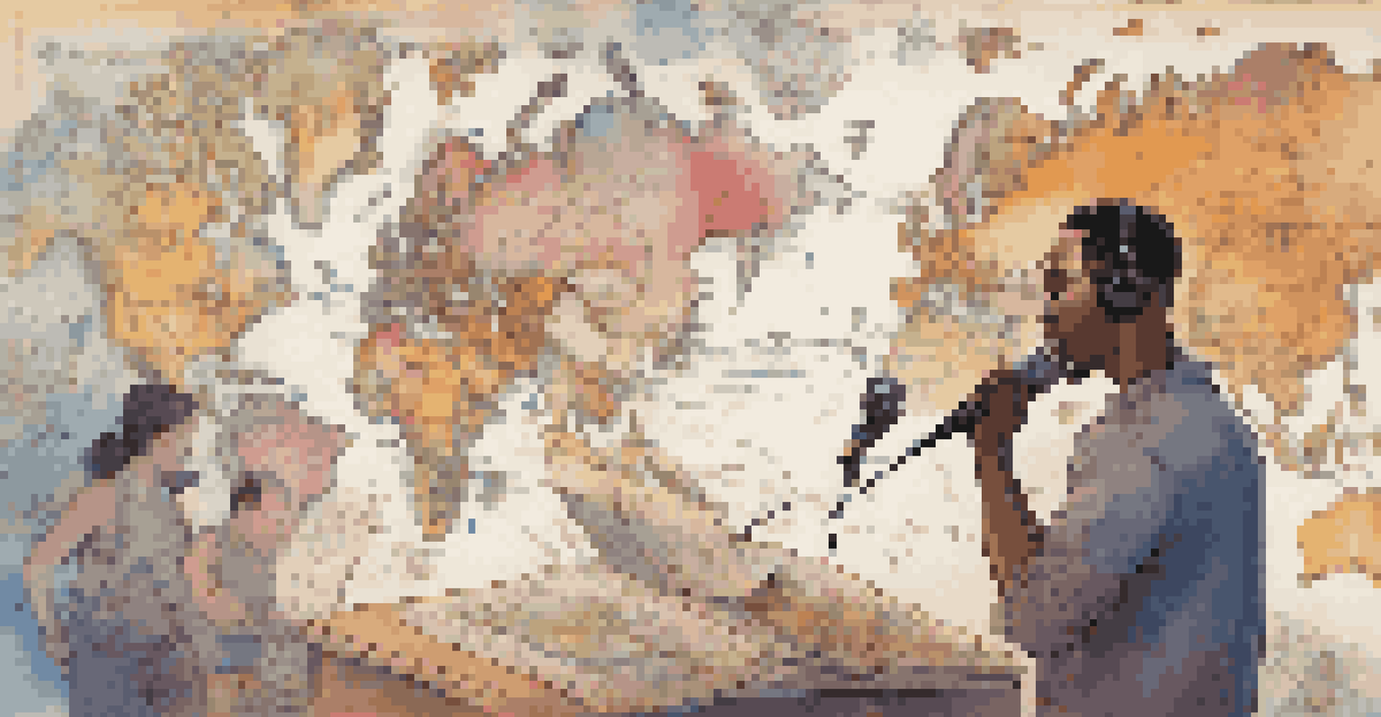 An illustration showing a voice actor practicing accents with a world map and cultural symbols in the background.